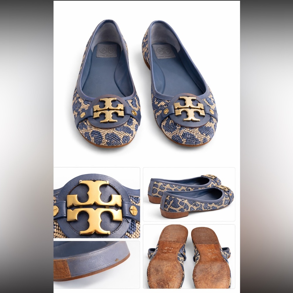Tory Burch Reva Flats Blue Woven Raffia Gold Logo Size 7.5M